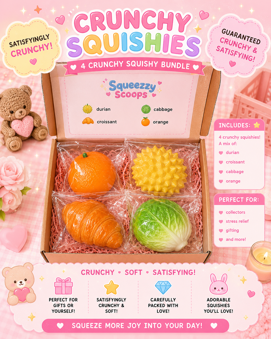🍊 4 Crunchy Squishy Bundle 🥐
